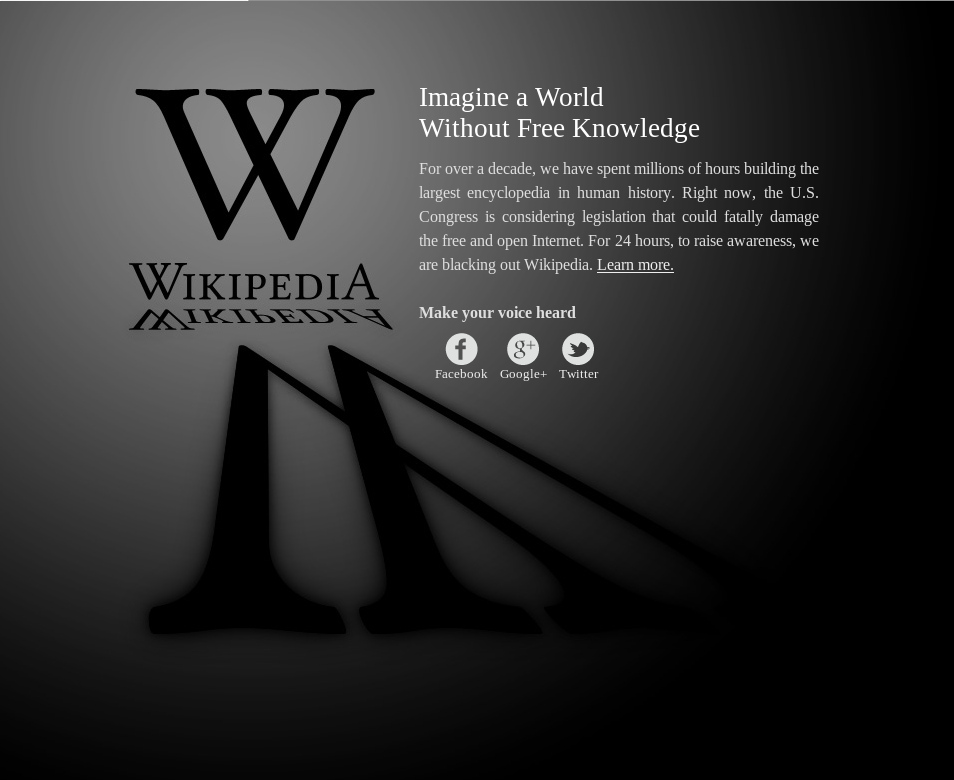 Blackout de Wikipedia pour protester contre les projets SOPA/PIPA, 20120118